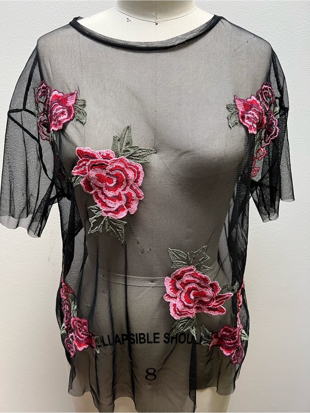 MNG Sheer Black Mesh Top with Pink Rose Appliqués Size S